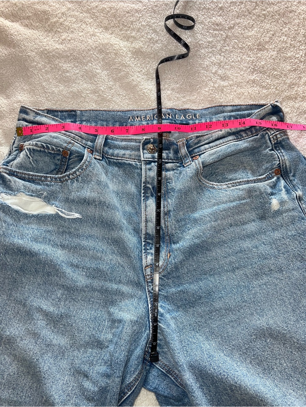 American Eagle Distressed Light Blue Super High-Rise Baggy Straight Leg Jeans - Picture 12 of 13